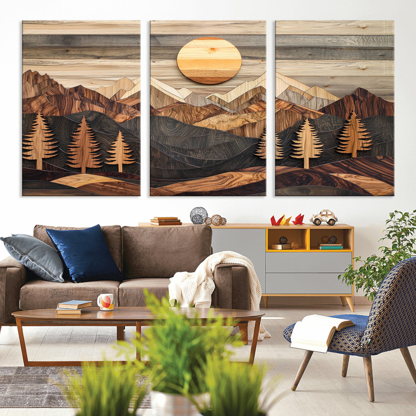 Wooden Mountain Layers Art – Rustic Pine Tree Landscape