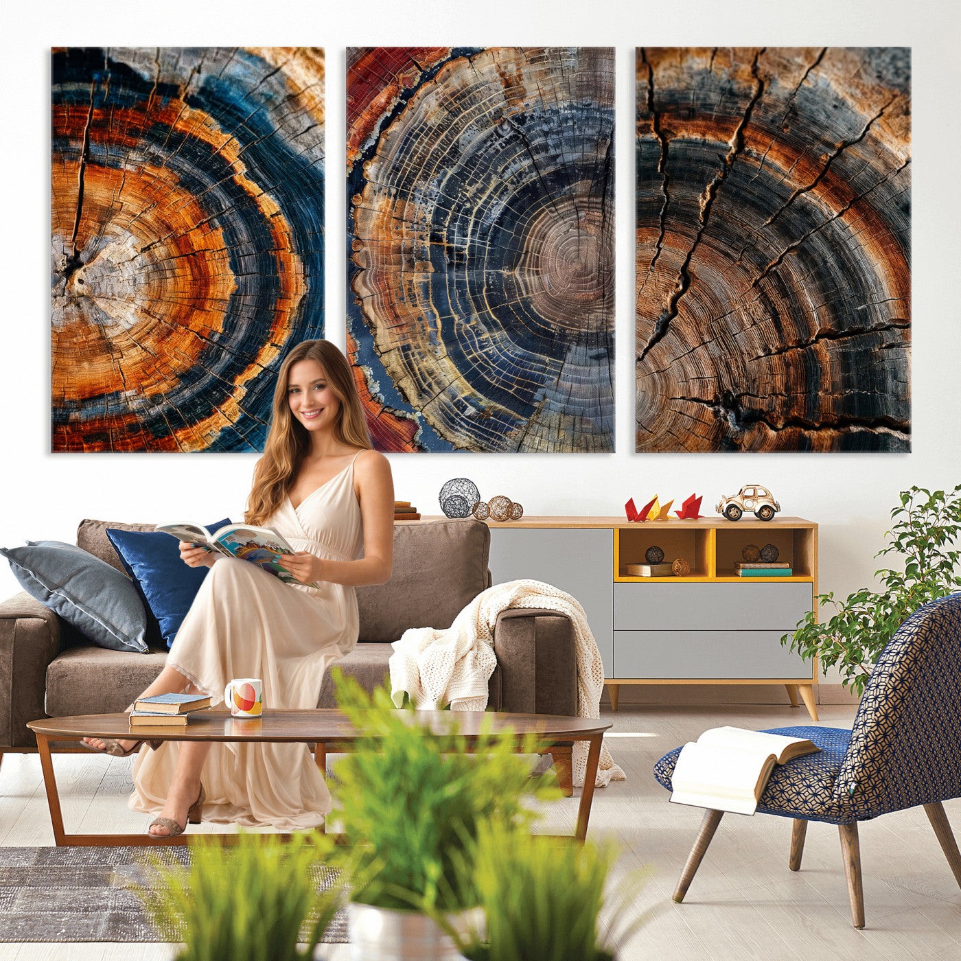 Tree Ring Triptych Canvas Wall Art — Set of 3 Wood Grain