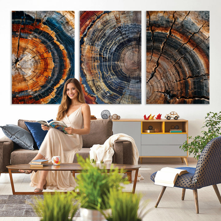 Tree Ring Triptych Canvas Wall Art — Set of 3 Wood Grain