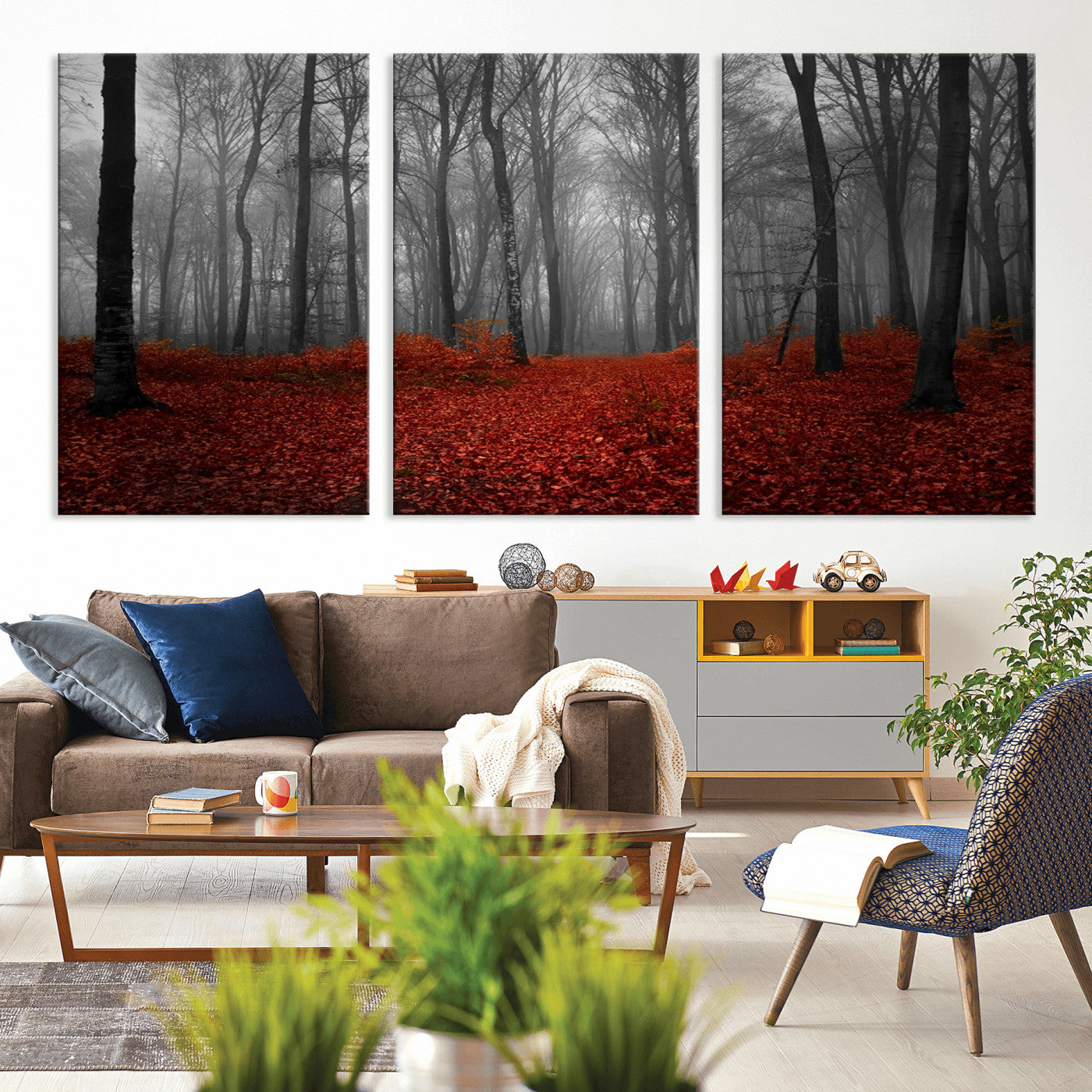 Red Forest Floor Canvas Wall Art – Mystical Foggy Woodland
