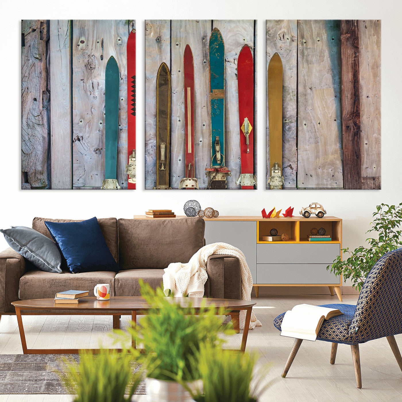 Vintage Wooden Weathered Ski's in Front of an Old Barn Wall