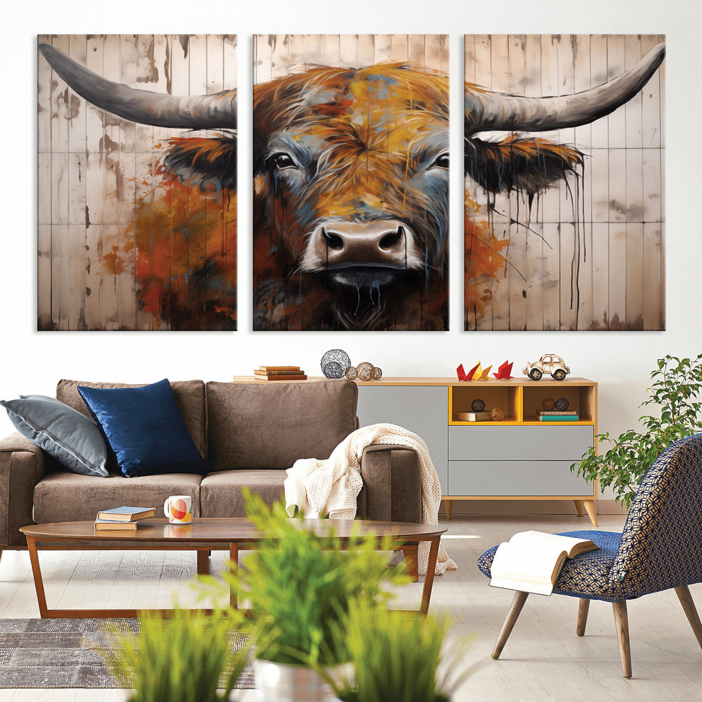 Scottish Highland Cow Cattle Art Print on Wood Style