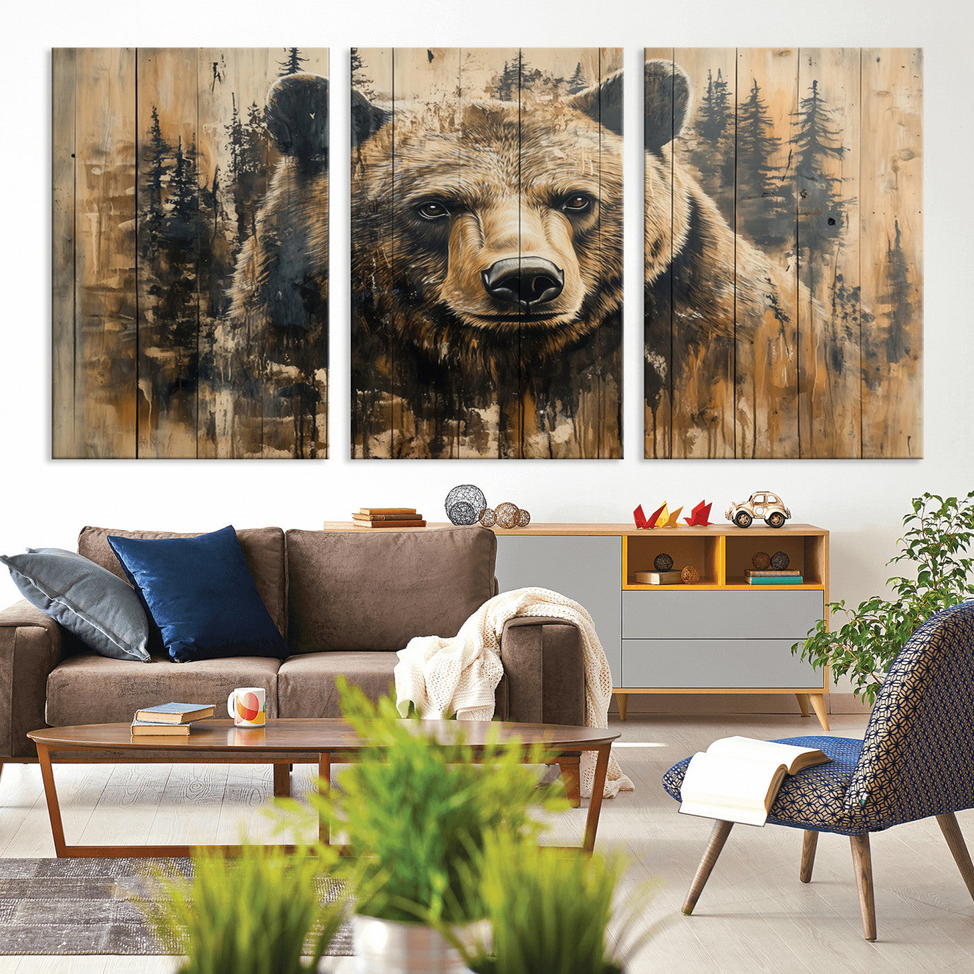 Majestic Grizzly 399 Bear Wall Art | 3-Panel Rustic Canvas