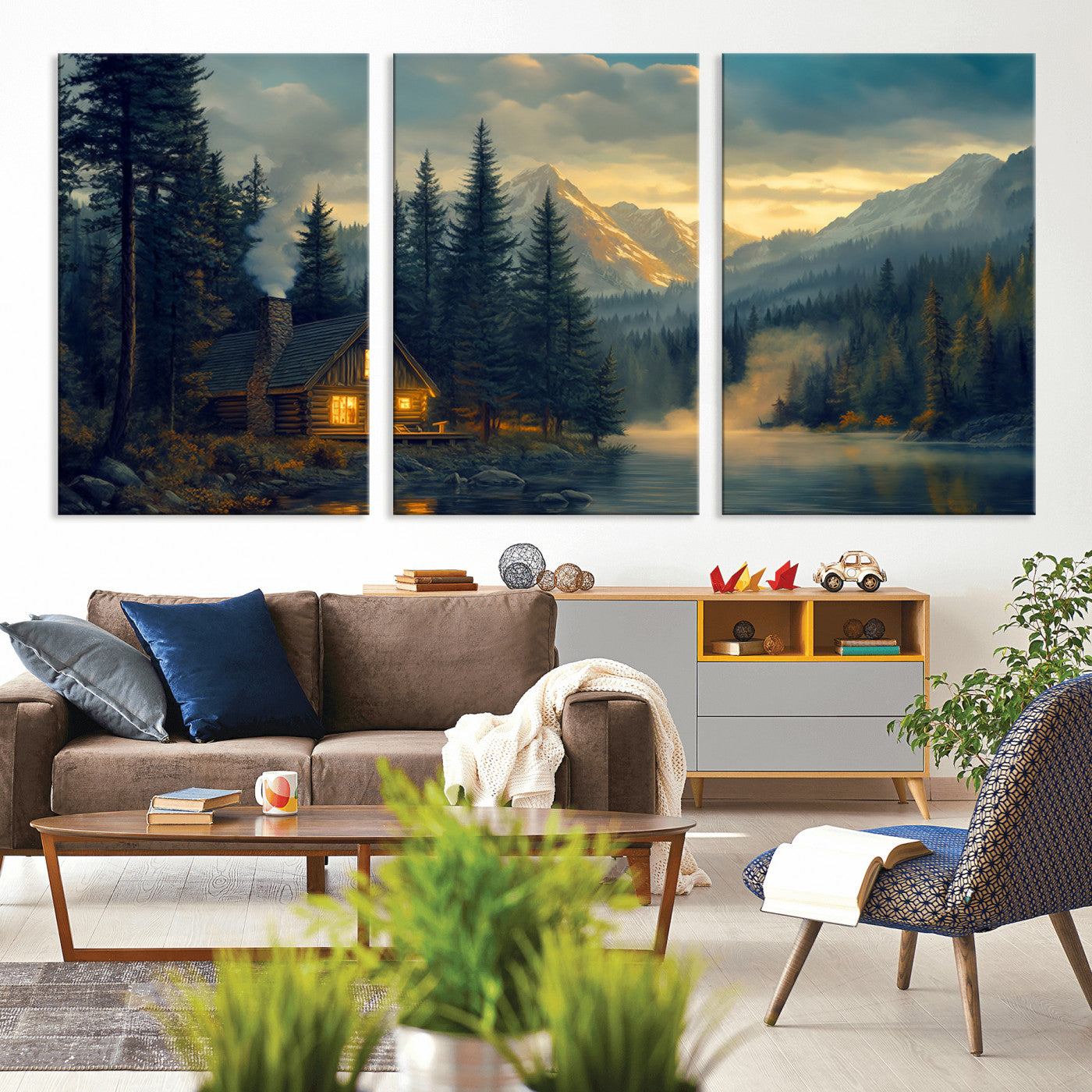 Mountain Cabin by the Lake at Sunset Wall Art - Serene