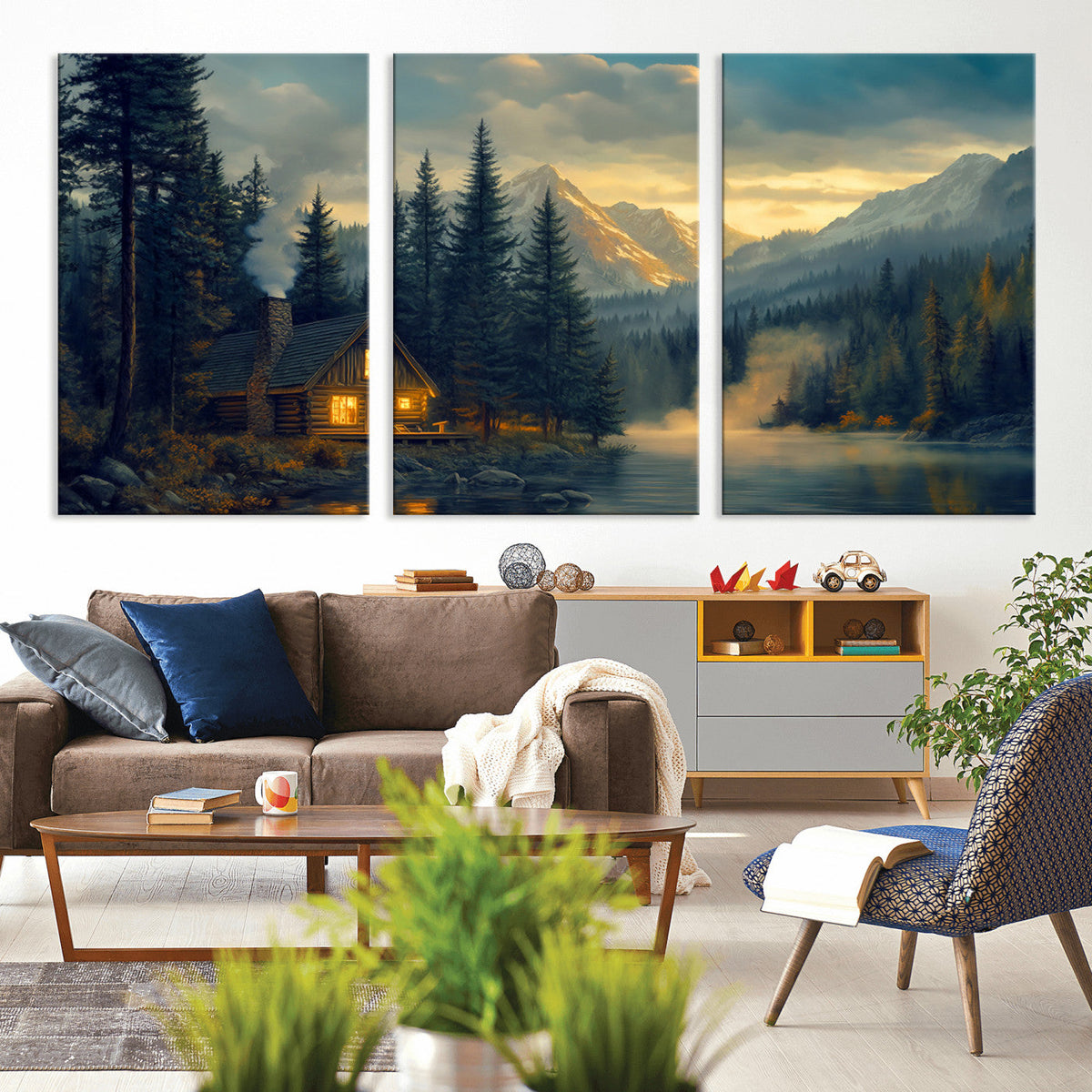 Mountain Cabin by the Lake at Sunset Wall Art - Serene