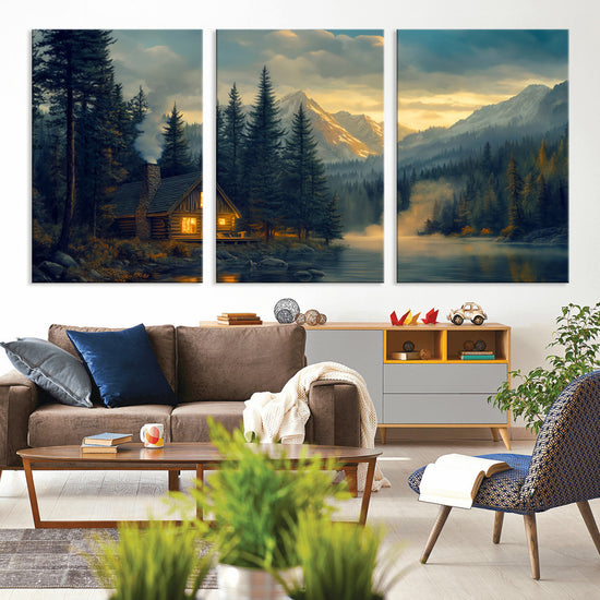 Mountain Cabin by the Lake at Sunset Wall Art - Serene