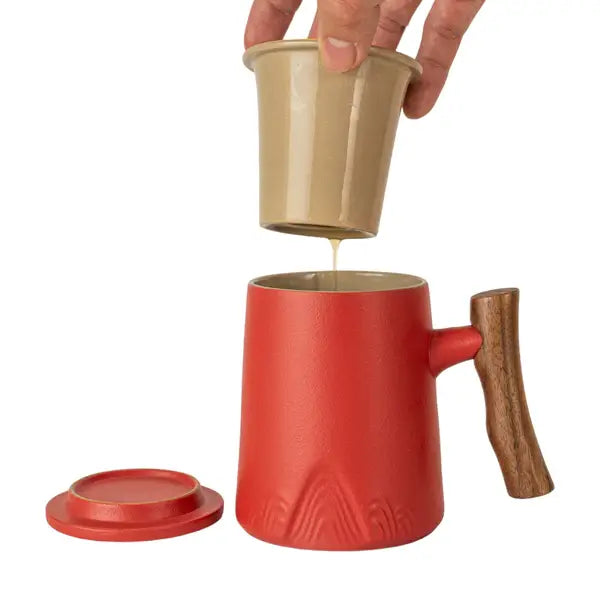 Orange Porcelain Mug with Infuser & Lid – 12 fl.oz. with Japanese-Style Wooden Handle