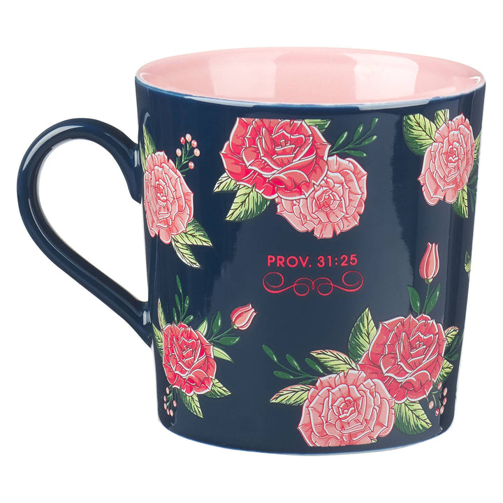 Mug Pink/Navy Floral Strength & Dignity Prov. 31:25