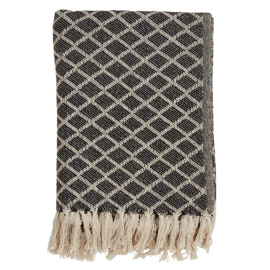 Fennco Styles Diamond Two-Tone Tassel 100% Cotton Woven Soft Throw Blanket, 50" x 60", Black