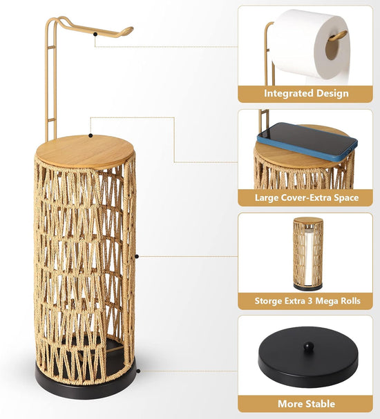 Freestanding Toilet Paper Holder with Storage 3 Rolls of Tissue Holder for Bathroom Handmade Woven Toilet Paper Roll Stand