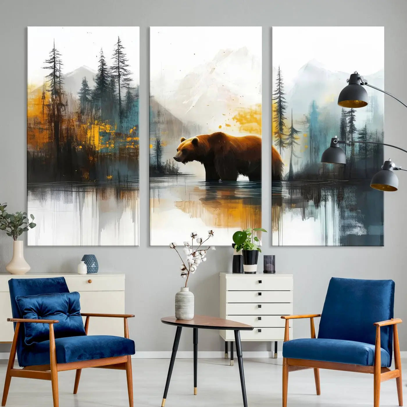 Abstract Rustic Bear Wall Art Canvas Print – Forest Mountain