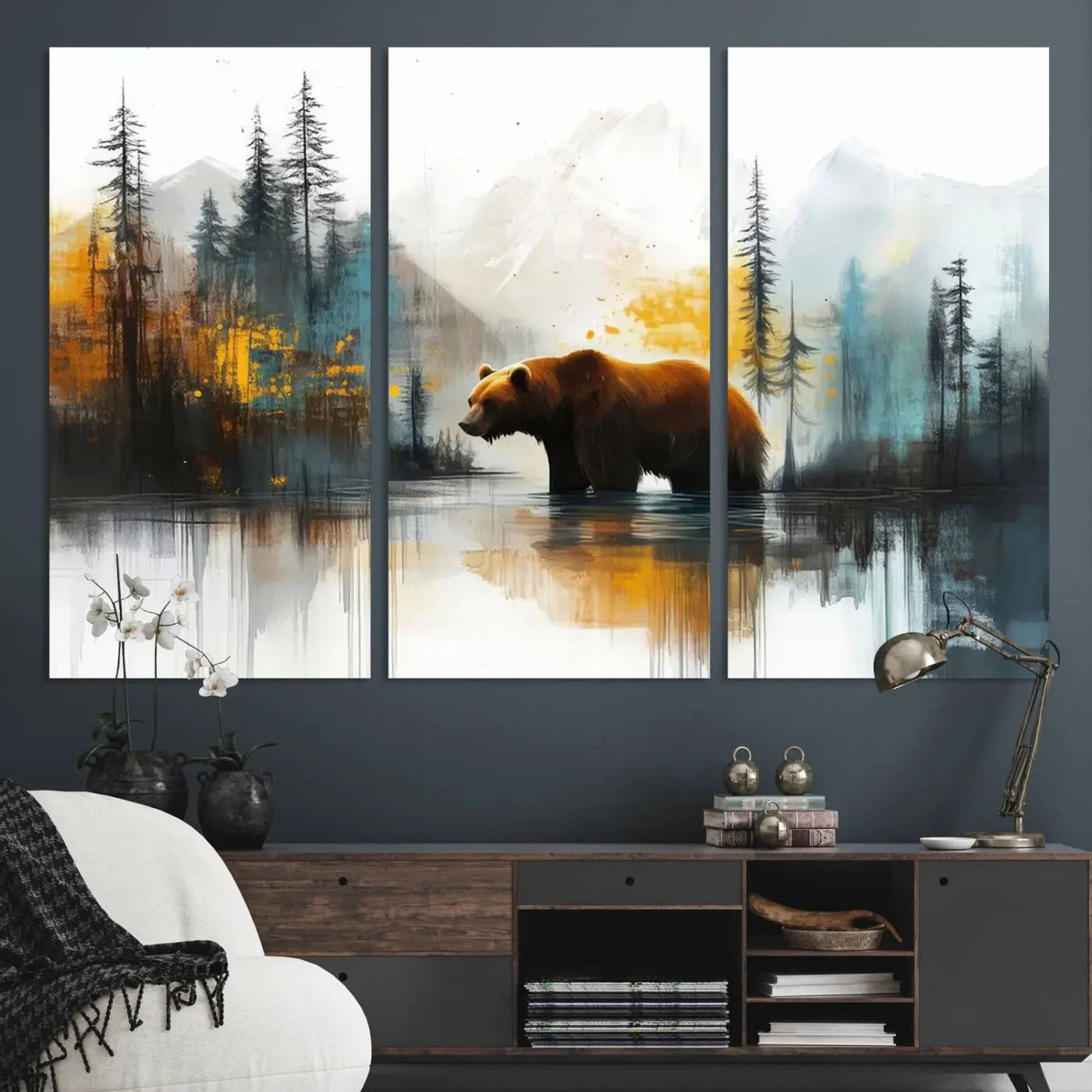 Abstract Rustic Bear Wall Art Canvas Print – Forest Mountain
