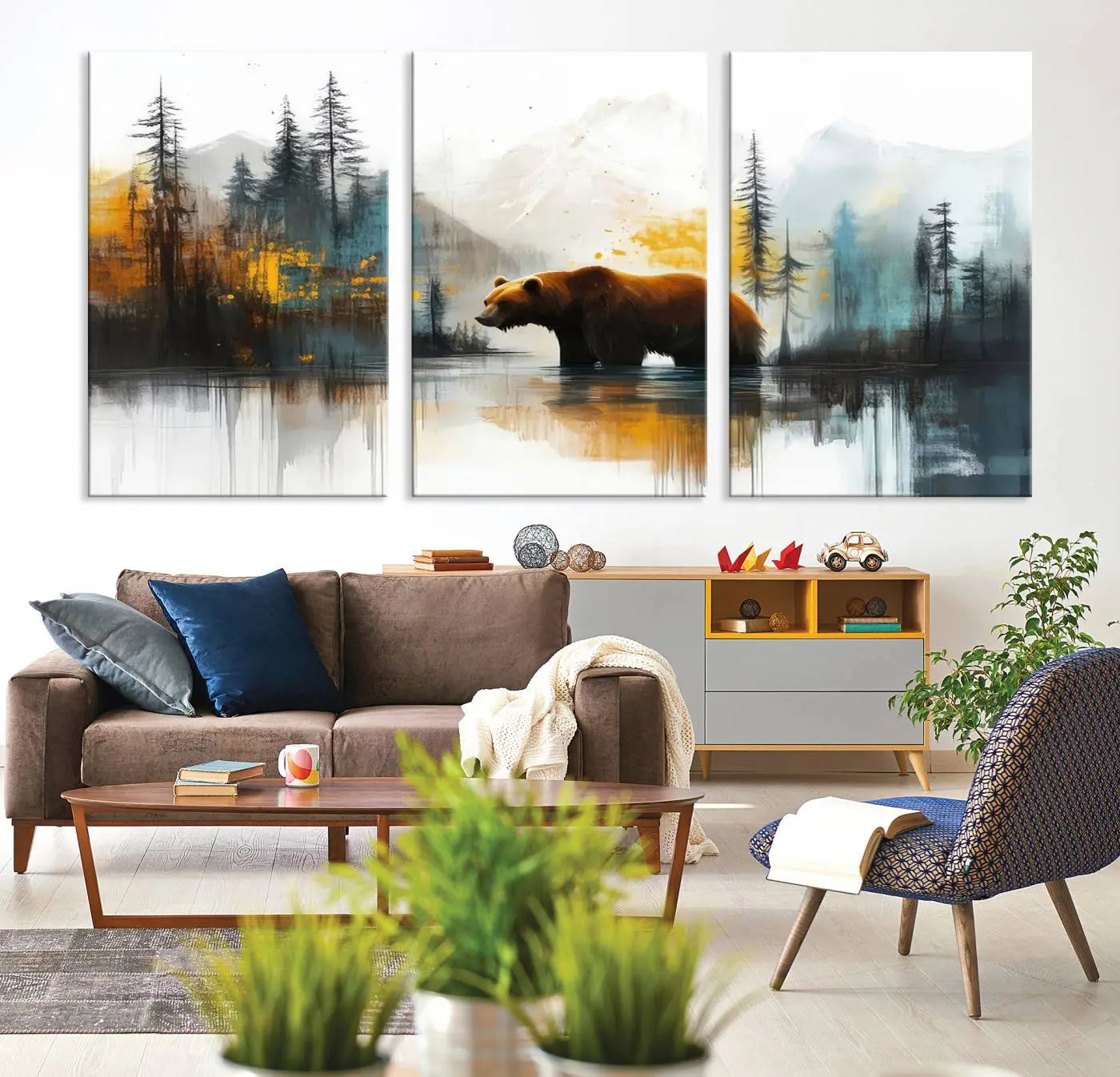 Abstract Rustic Bear Wall Art Canvas Print – Forest Mountain