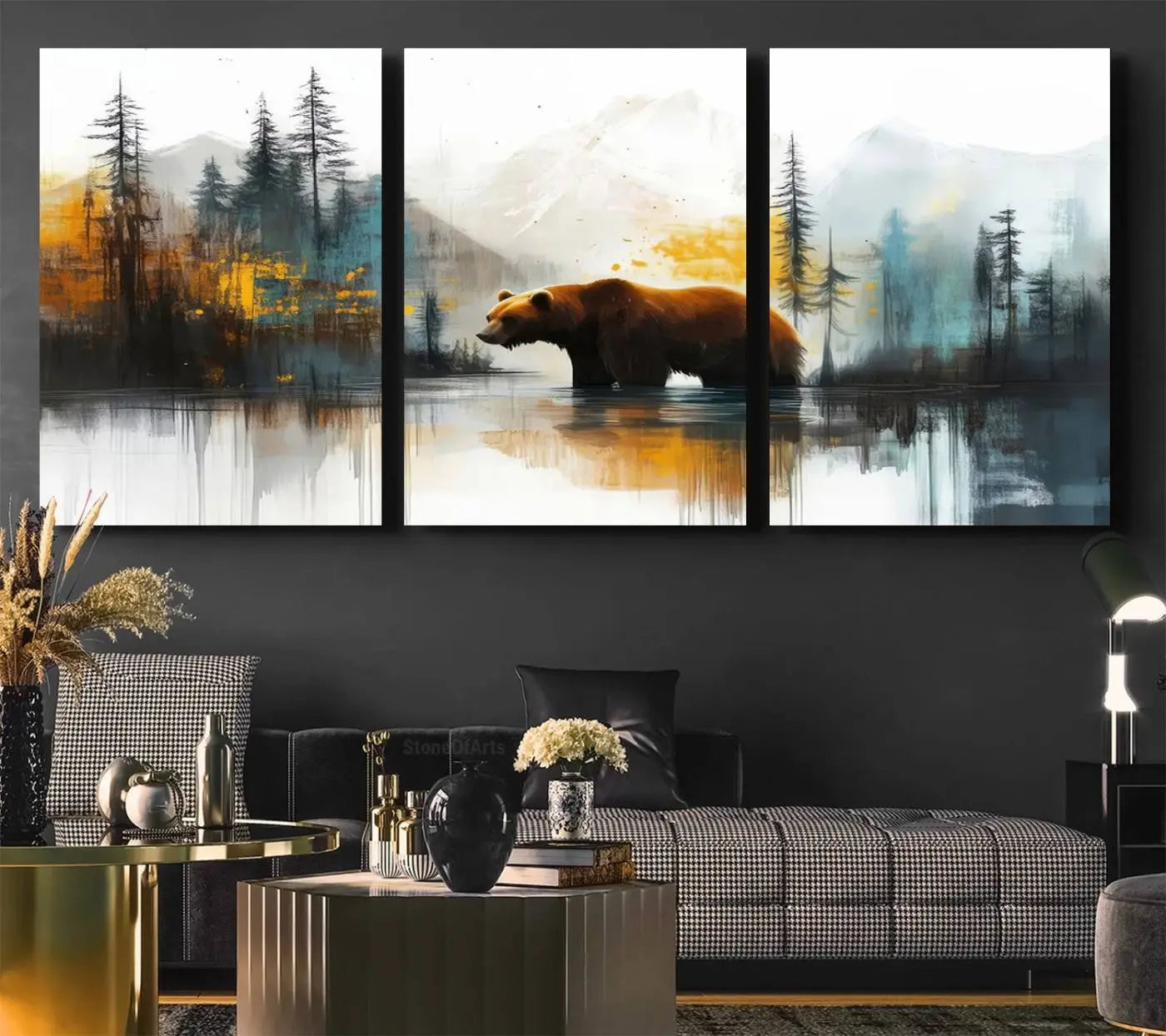 Abstract Rustic Bear Wall Art Canvas Print – Forest Mountain