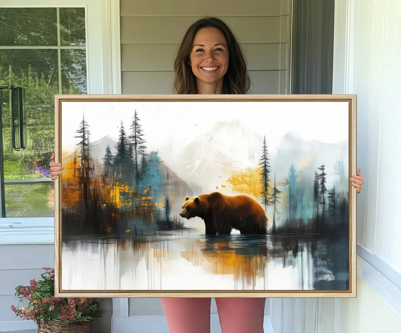 Abstract Rustic Bear Wall Art Canvas Print – Forest Mountain