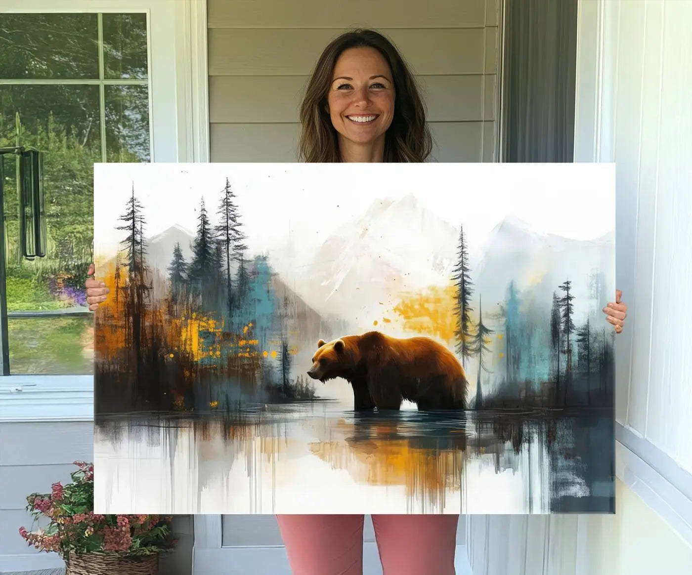 Abstract Rustic Bear Wall Art Canvas Print – Forest Mountain