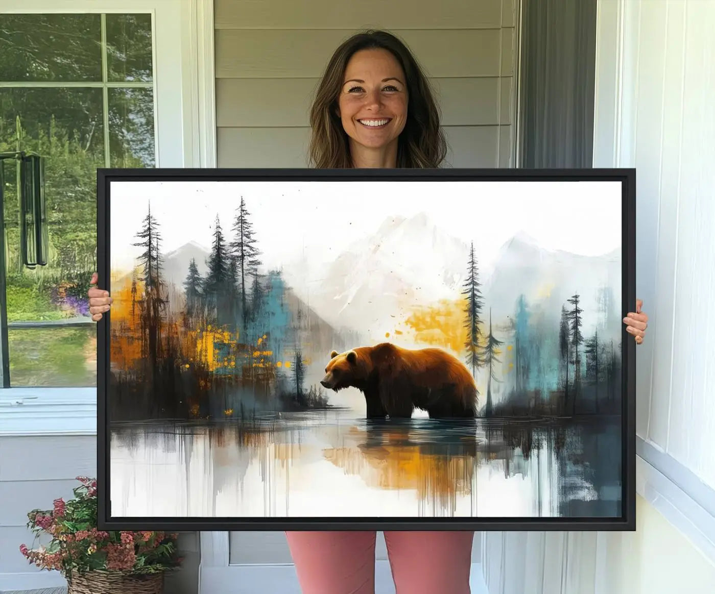 Abstract Rustic Bear Wall Art Canvas Print – Forest Mountain