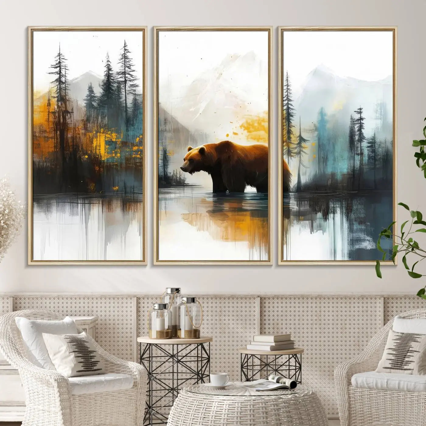 Abstract Rustic Bear Wall Art Canvas Print – Forest Mountain