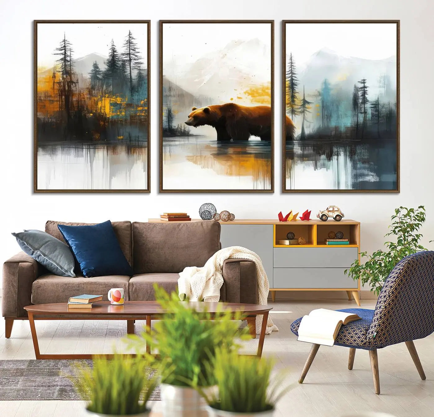 Abstract Rustic Bear Wall Art Canvas Print – Forest Mountain
