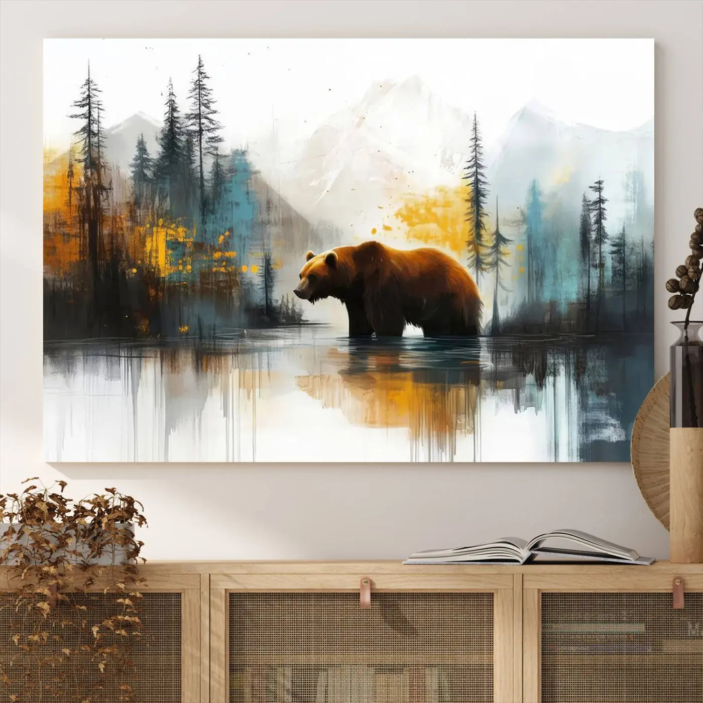Abstract Rustic Bear Wall Art Canvas Print – Forest Mountain