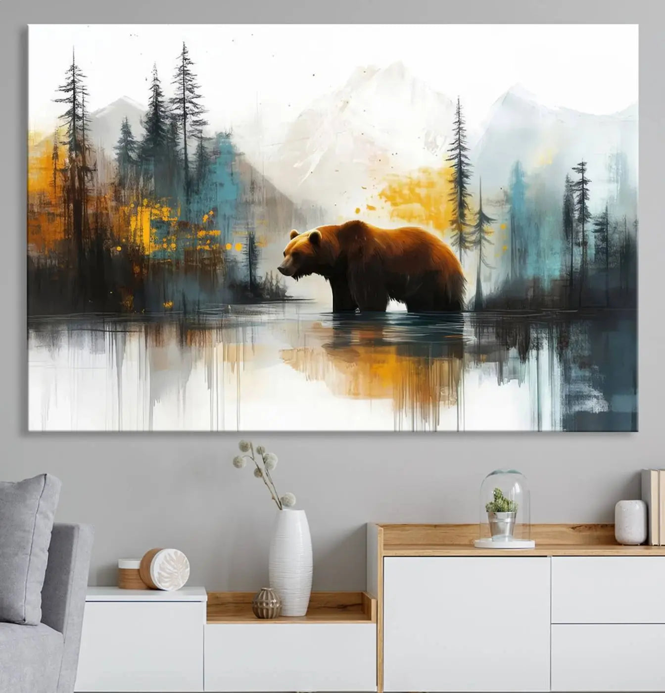 Abstract Rustic Bear Wall Art Canvas Print – Forest Mountain
