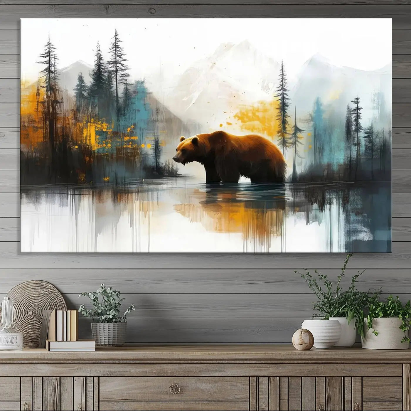 Abstract Rustic Bear Wall Art Canvas Print – Forest Mountain