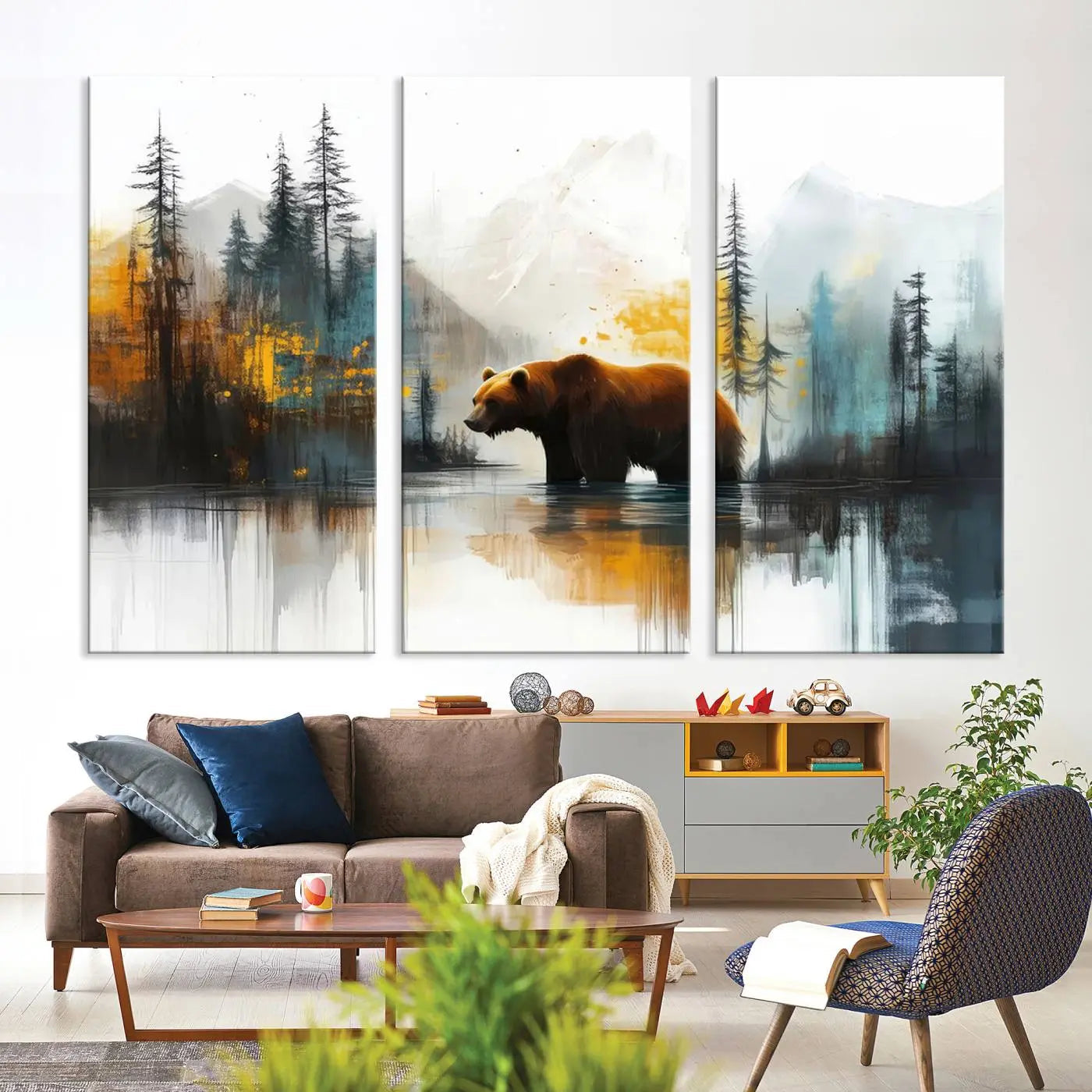 Abstract Rustic Bear Wall Art Canvas Print – Forest Mountain