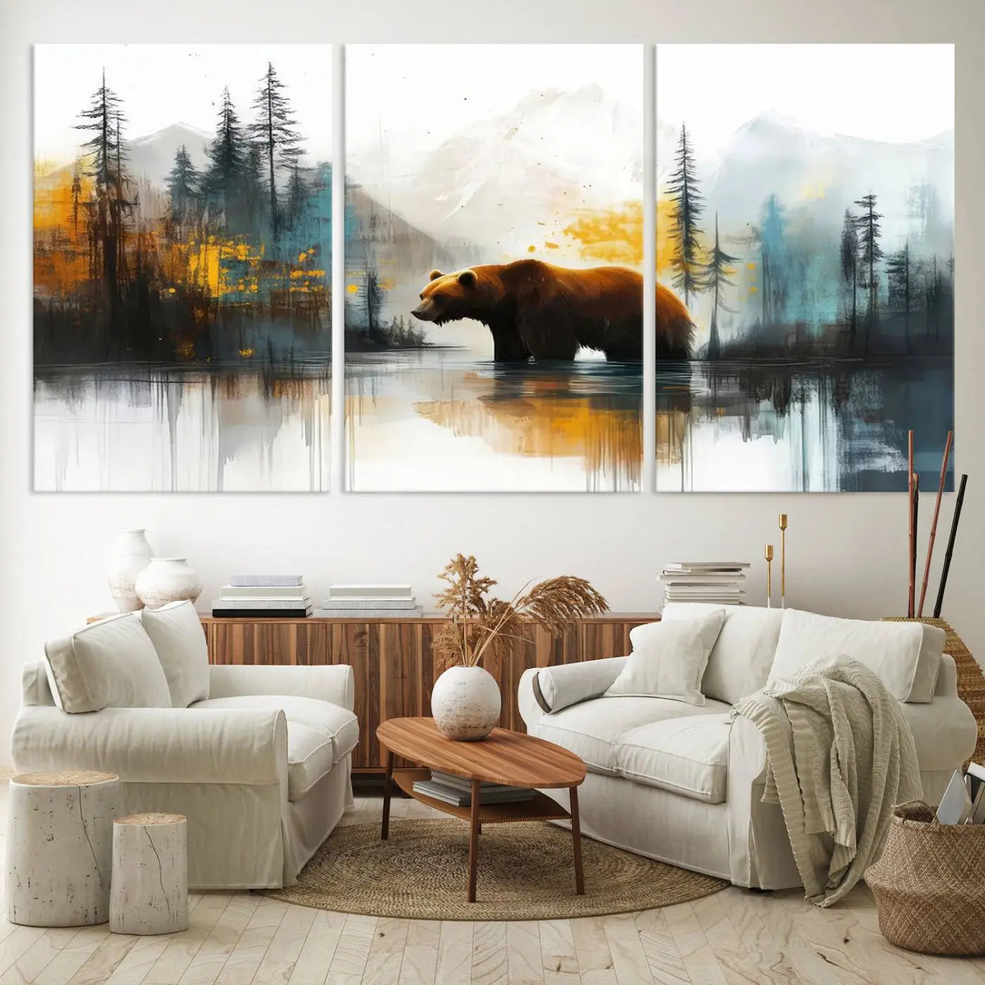 Abstract Rustic Bear Wall Art Canvas Print – Forest Mountain