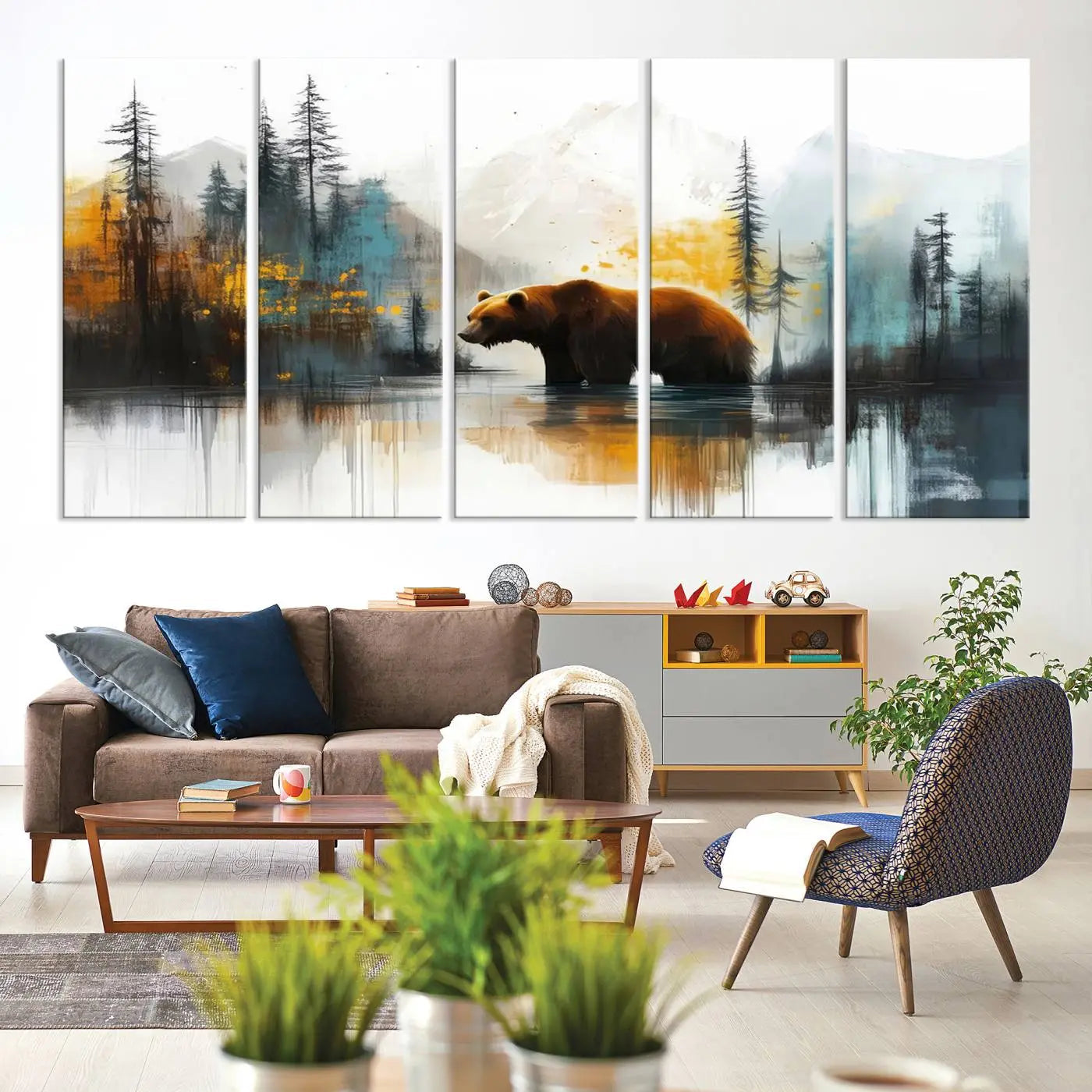 Abstract Rustic Bear Wall Art Canvas Print – Forest Mountain