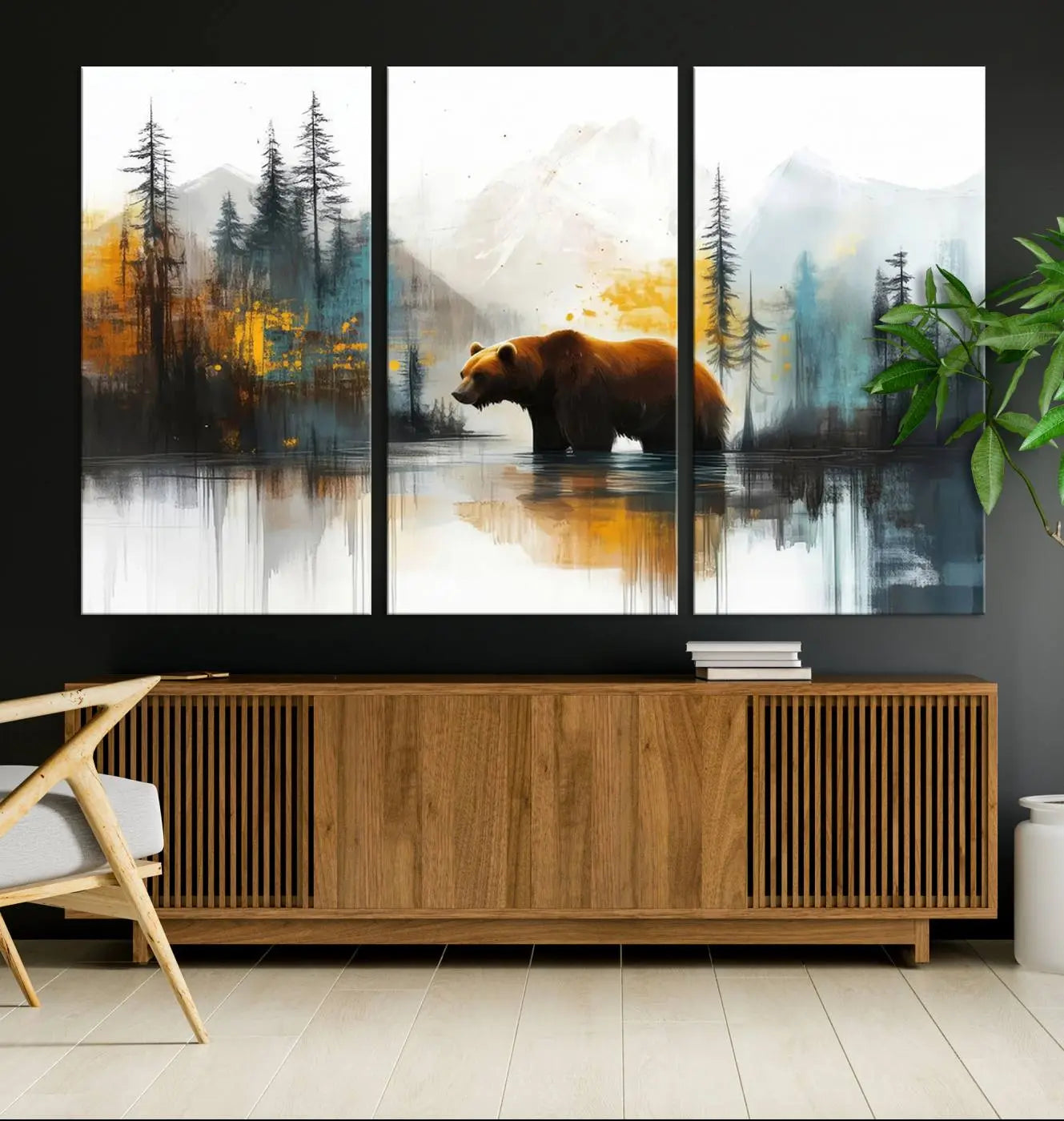 Abstract Rustic Bear Wall Art Canvas Print – Forest Mountain