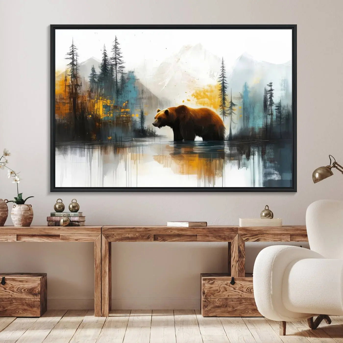 Abstract Rustic Bear Wall Art Canvas Print – Forest Mountain