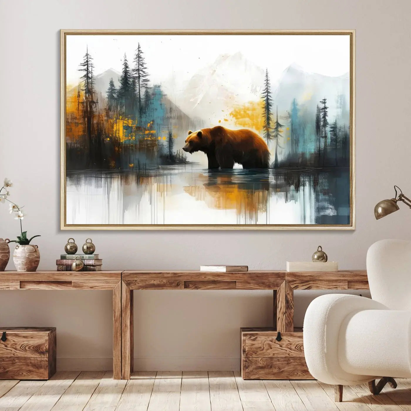 Abstract Rustic Bear Wall Art Canvas Print – Forest Mountain