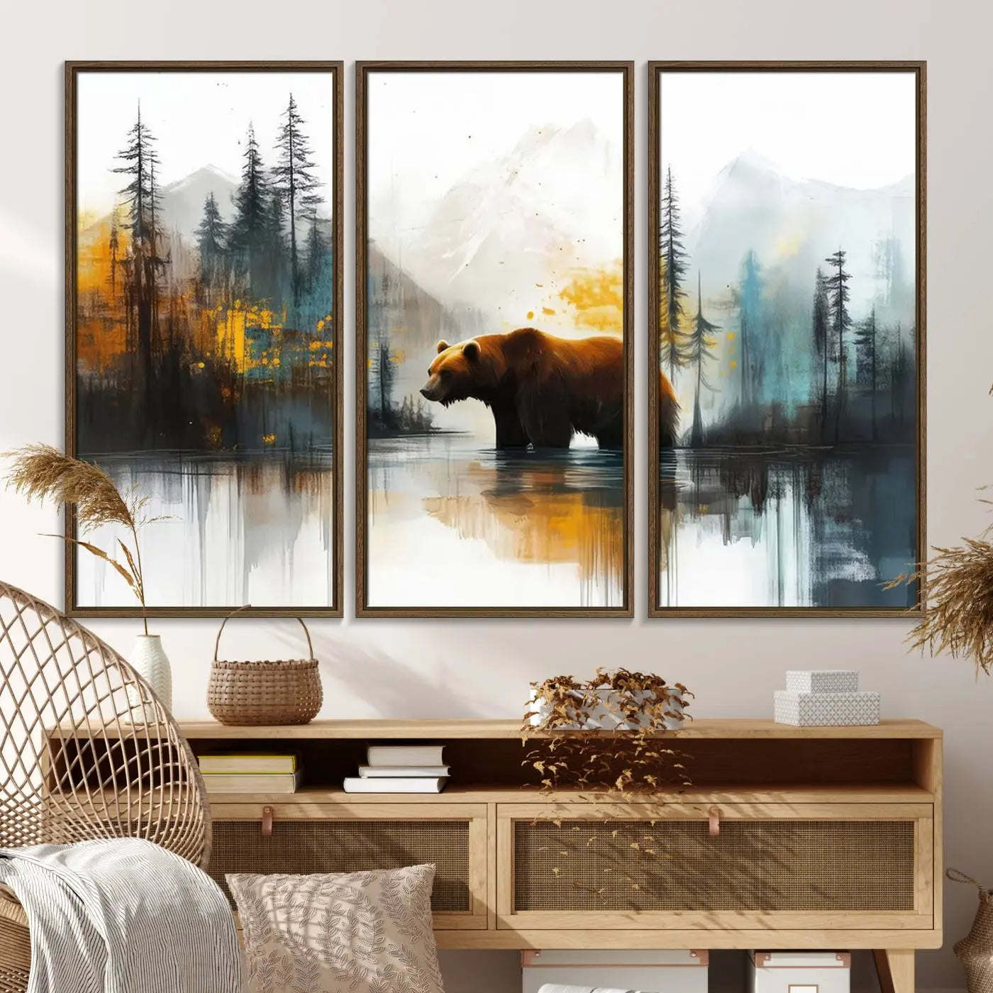 Abstract Rustic Bear Wall Art Canvas Print – Forest Mountain