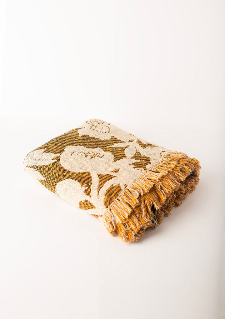Gold Floral Jacquard Woven Throw Blanket, Reversible Cotton Throw, Made in USA | Addy Ochre