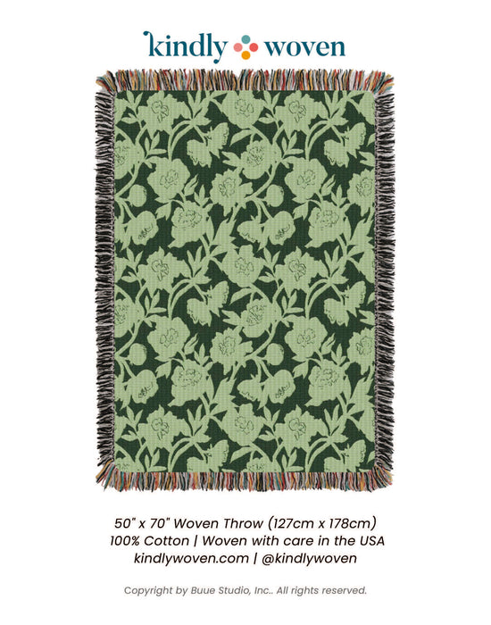 Green Floral Jacquard Woven Throw Blanket, Reversible Cotton Throw, Made in USA | Addy Spruce