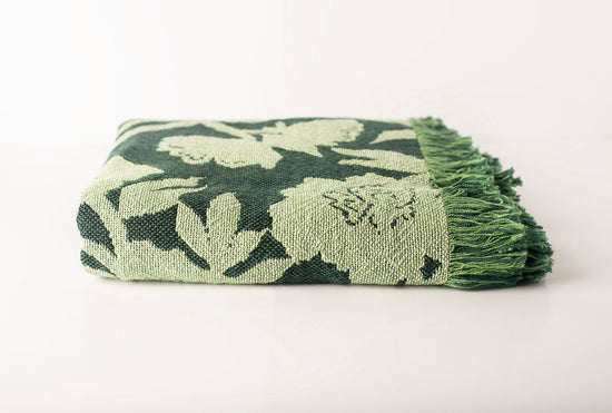 Green Floral Jacquard Woven Throw Blanket, Reversible Cotton Throw, Made in USA | Addy Spruce
