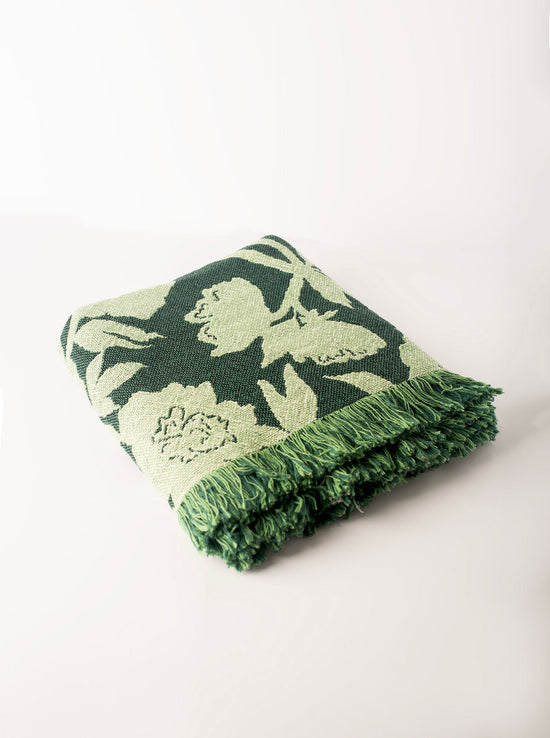 Green Floral Jacquard Woven Throw Blanket, Reversible Cotton Throw, Made in USA | Addy Spruce