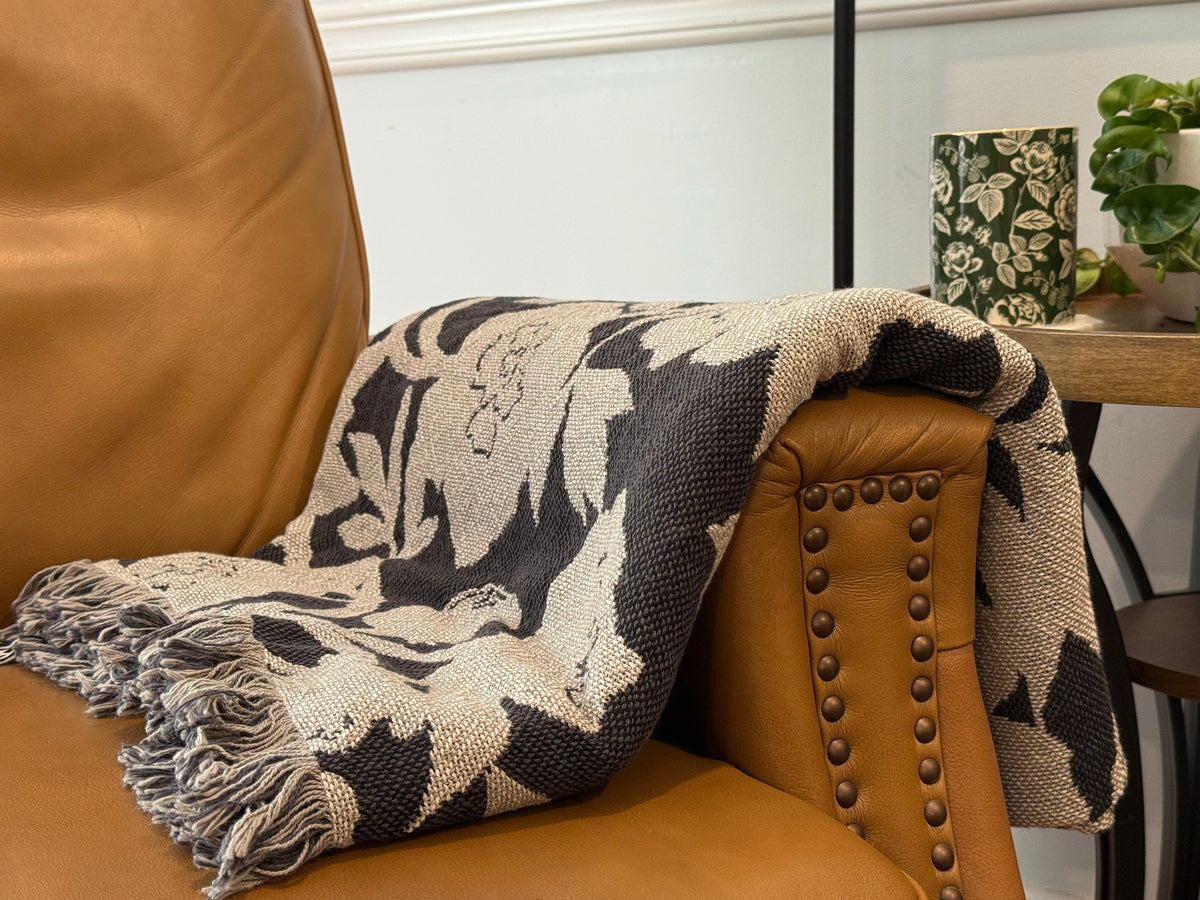 Neutral Floral Jacquard Woven Throw Blanket, Reversible Cotton Throw, Made in USA | Addy Tuffet