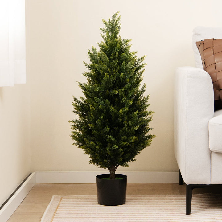 3 Feet Artificial Topiary Cedar Tree with Cement Plastic Pot and Faux Moss-Green — faux plant accent for living room office and home decor
