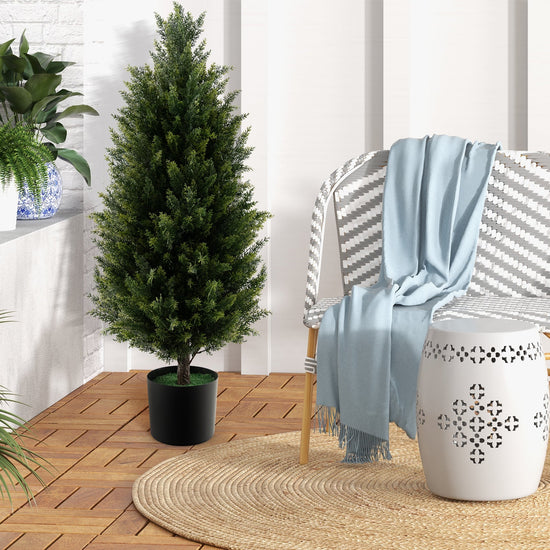 3 Feet Artificial Topiary Cedar Tree with Cement Plastic Pot and Faux Moss-Green — artificial botanical decor for low maintenance greenery gift-ready decor idea