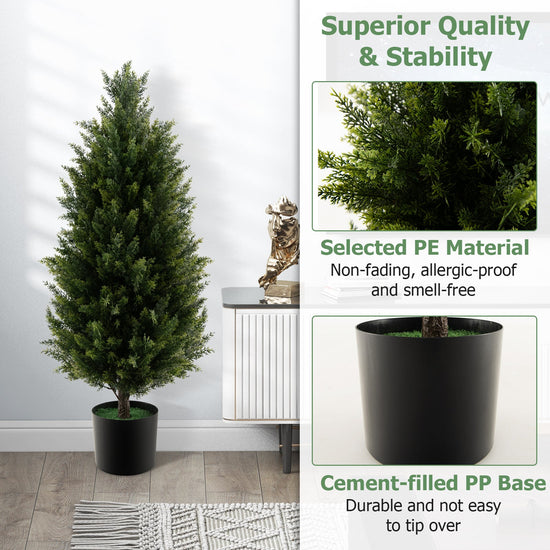 3 Feet Artificial Topiary Cedar Tree with Cement Plastic Pot and Faux Moss-Green — decorative artificial greenery for indoor spaces home and holiday accent