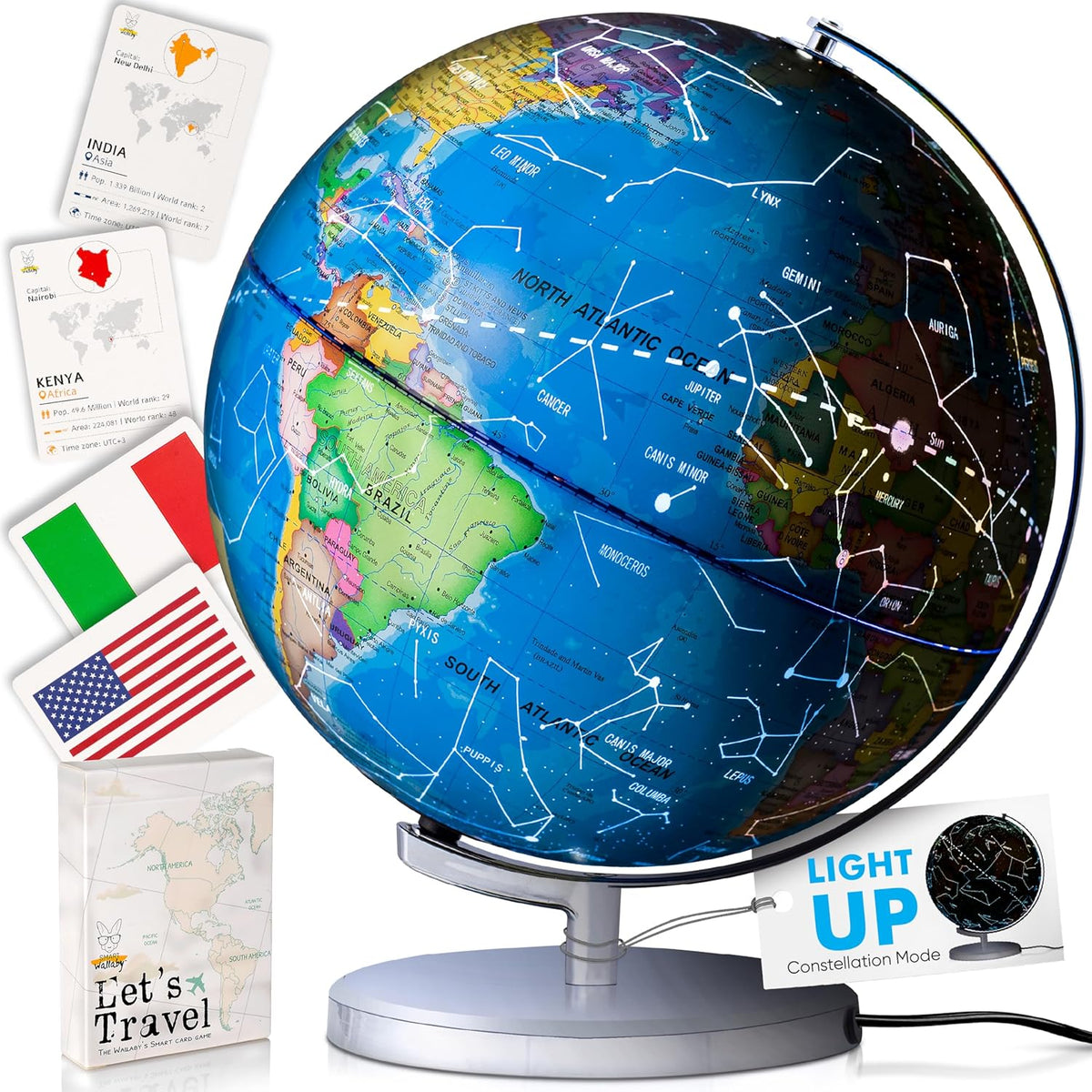 Adventure Around the World Light Up Globe for Kids Ages 5+ STEM Geography Learning with LED Night Light and Trivia Cards