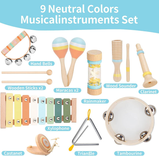 My First Music Makers Wooden Montessori Instrument Set for Toddlers Ages 3+ 9 Piece Musical Toy Collection