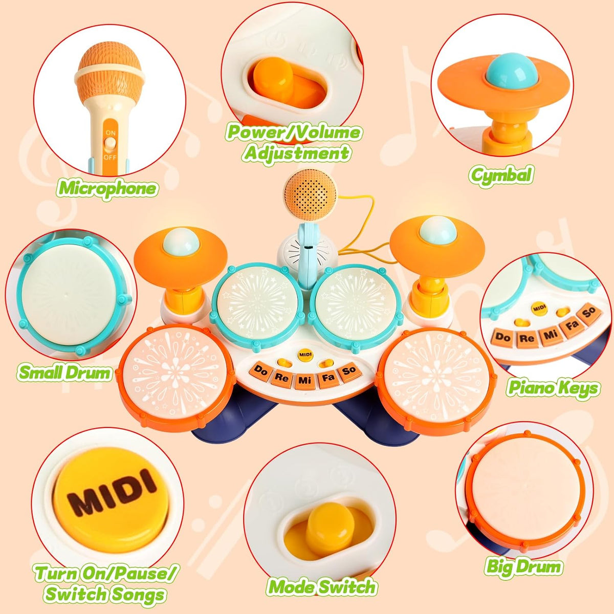 Little Rockstar Drum Set with Microphone for Toddlers