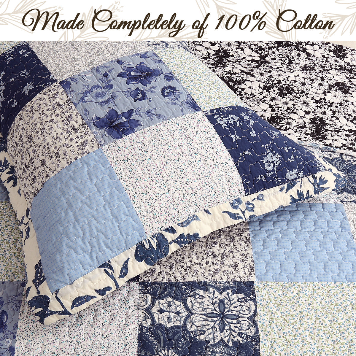 Azure Blue Floral Garden Patchwork 3 Piece Cotton Reversible Quilt Bedding Set