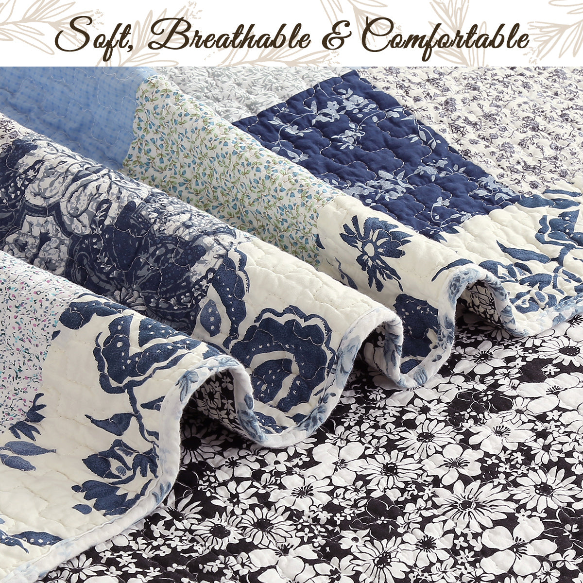Azure Blue Floral Garden Patchwork 3 Piece Cotton Reversible Quilt Bedding Set