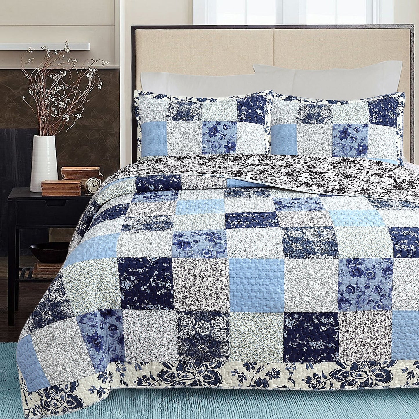 Azure Blue Floral Garden Patchwork 3 Piece Cotton Reversible Quilt Bedding Set