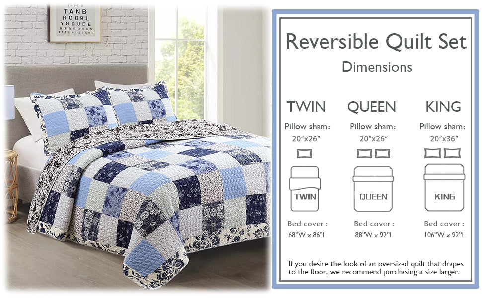 Azure Blue Floral Garden Patchwork 3 Piece Cotton Reversible Quilt Bedding Set