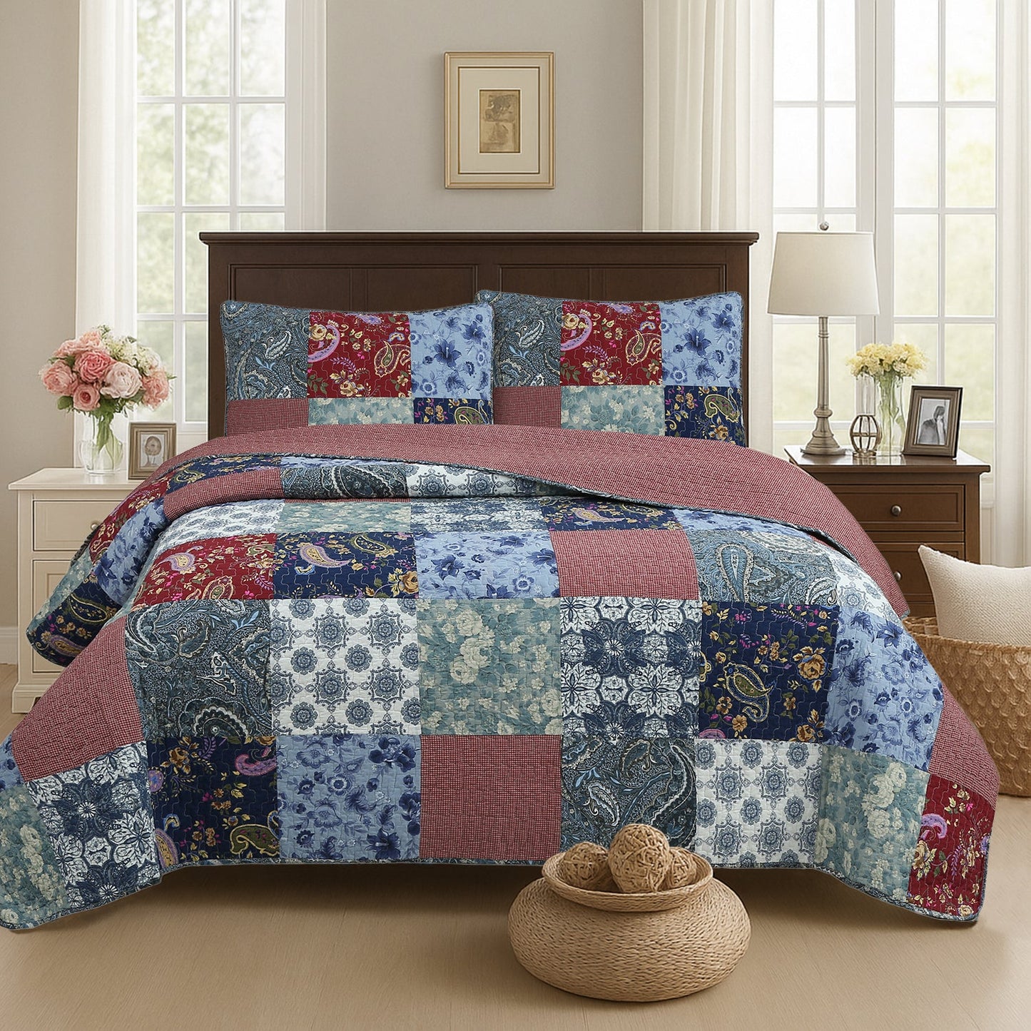 Country Cozy Blue Rose Floral Paisley Garden Cotton 3 Piece Patchwork Quilt Bedding Set
