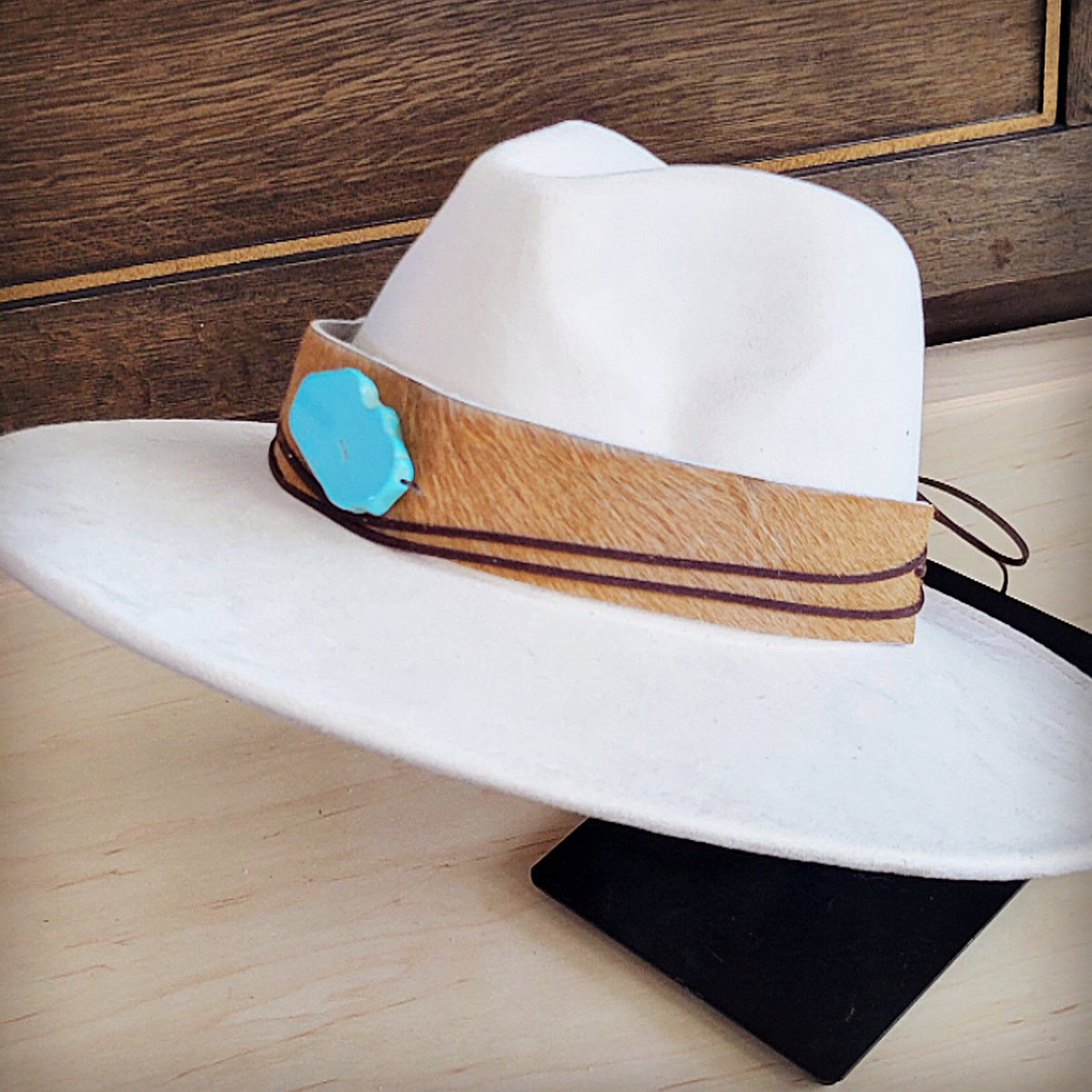 **Wide Leather Hair Hide Tan Hat Band Only w/ Turq 954a